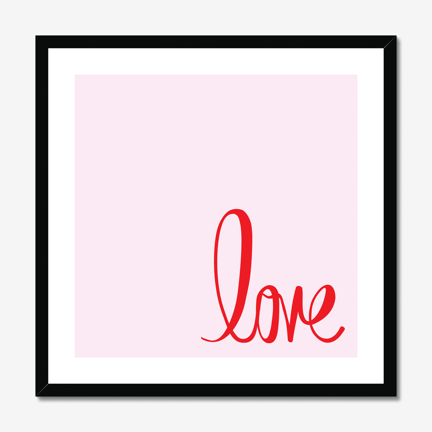 Love, square art print. A pretty and romantic print, making a special gift or treat for yourself. A pretty red font on a pink background with a white border.