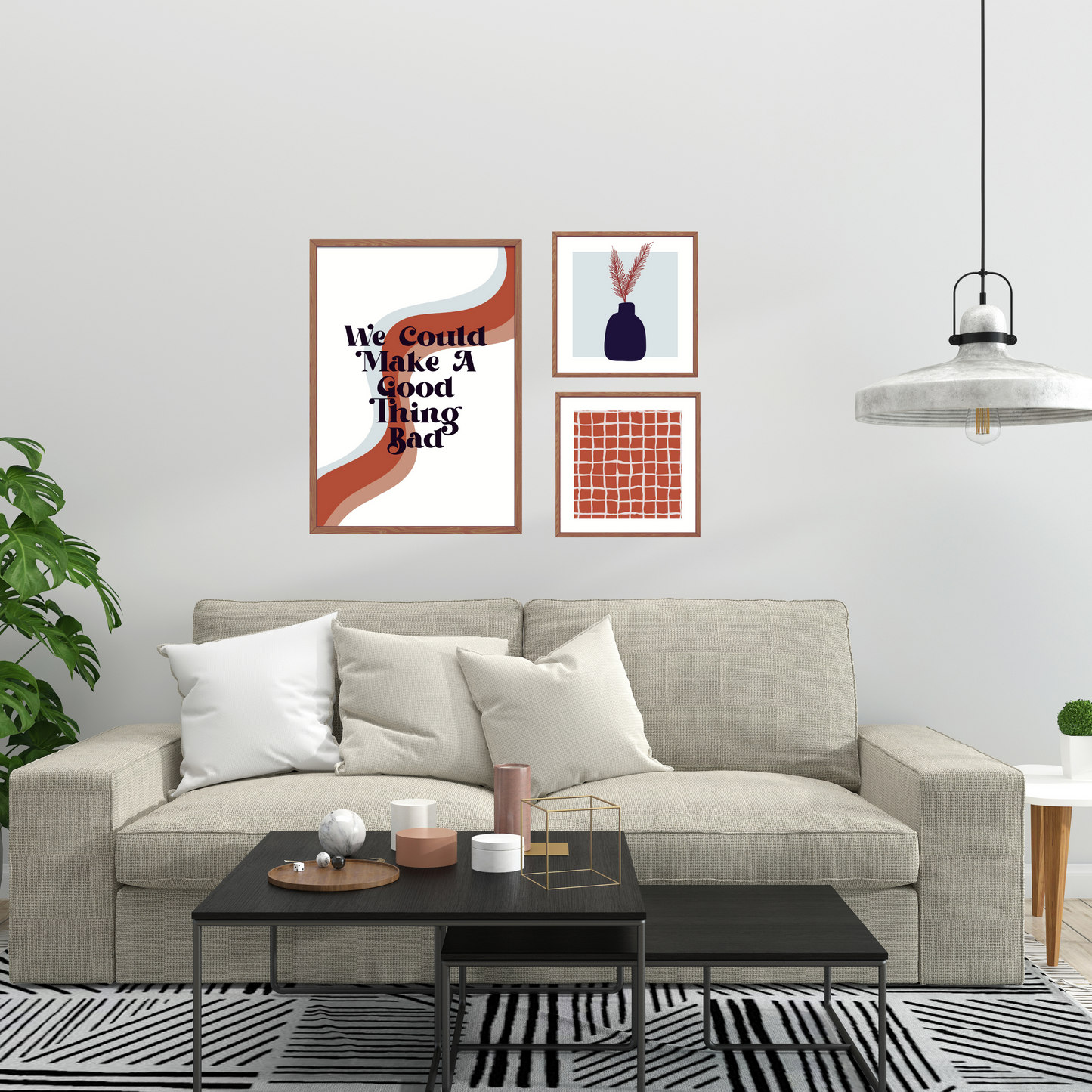 Introducing our stunning square boho-inspired art print, designed to make a statement in any space. Featuring a relaxed grid pattern on a warm and inviting terracotta background, this piece adds bohemian charm to your home decor.