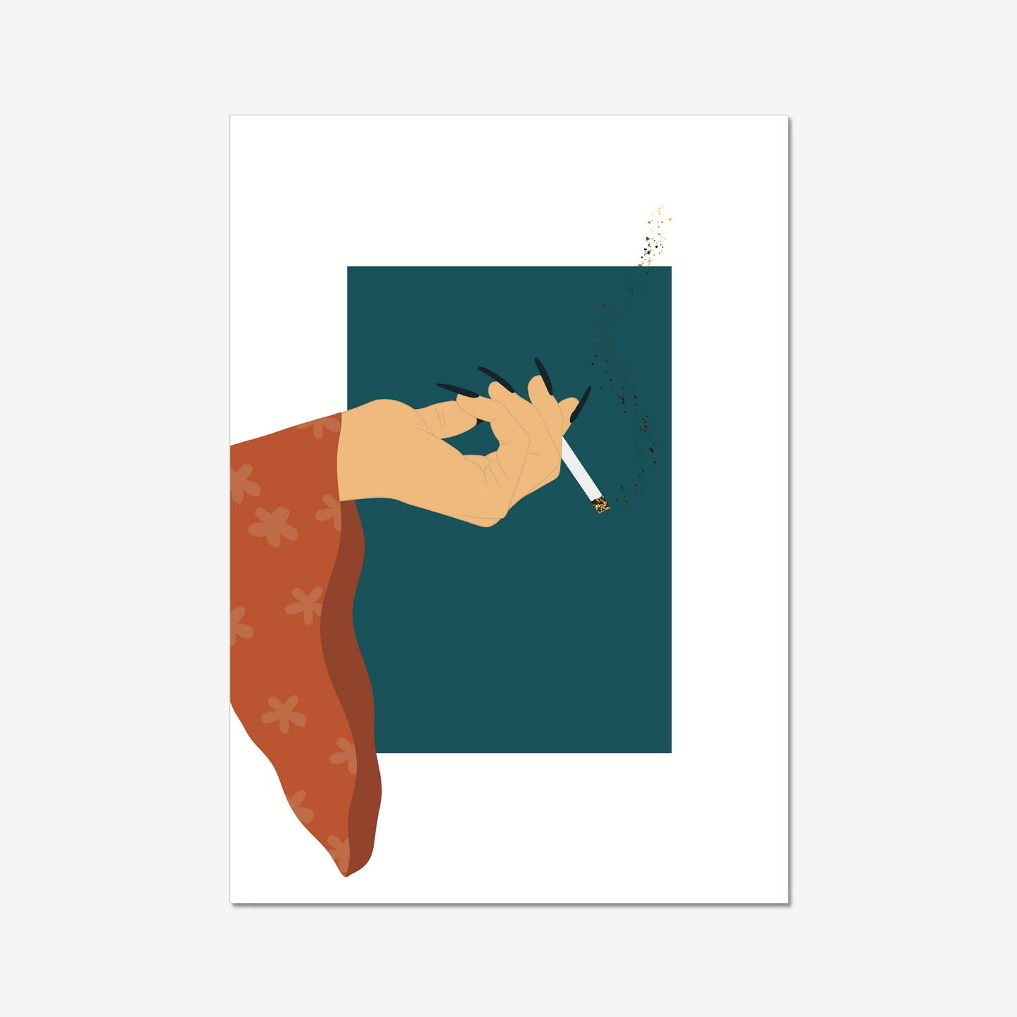 Introducing our latest art print, "Blowing Glitter". This quirky and unique design is perfect for those who love vintage-inspired pieces with a touch of glam rock eccentricity. The print features a woman's hand reaching out from a classic bell sleeve, holding a burning cigarette that is dispersing glitter into the air.