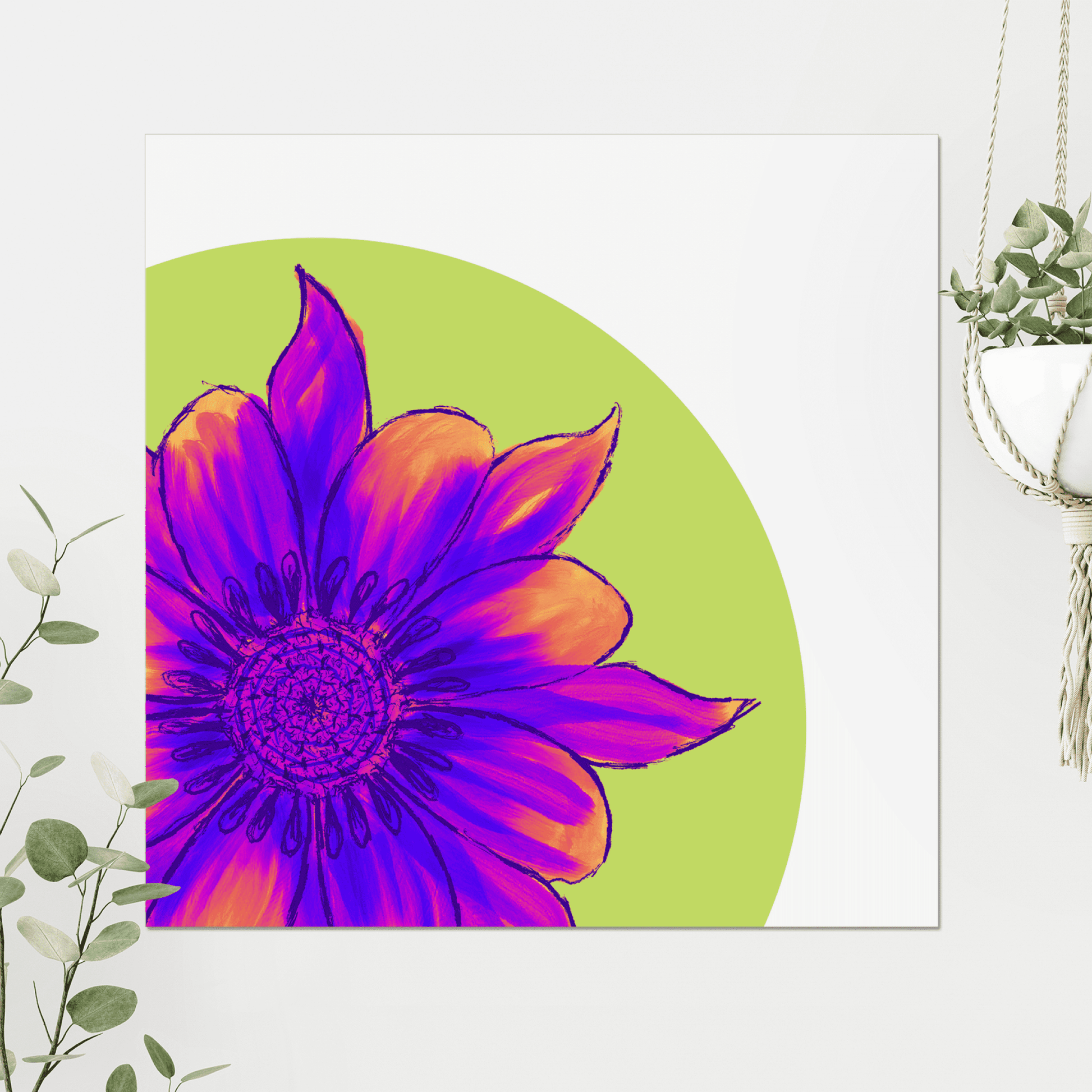 A bright and trippy, acid toned flower print.  This art print is sure to add some eclectic vibes to your walls. The acid greens, pinks and purples really pop. And the paint effect flower is truly stunning.   A statement for your decor, standalone or as part of you gallery wall.