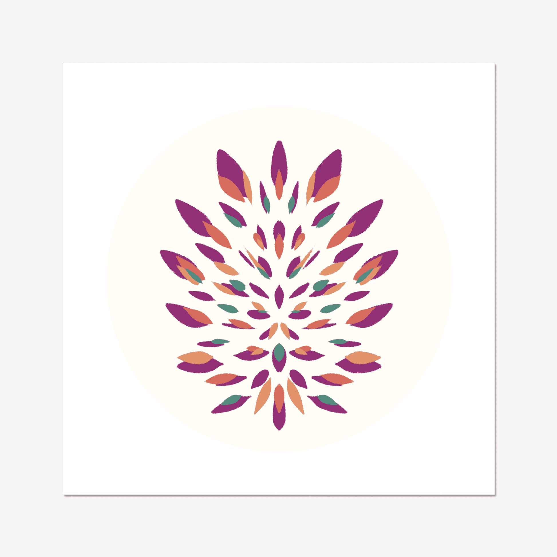 A beautiful boho bloom of petals, in warm autumnal colours, and feathered brush strokes.  Cosy shades of purple, orange and green - set on a creamy circle to bring the image forward.  Simple, minimalistic and beautiful. Perfect for a gallery wall, a statement piece or a special gift.