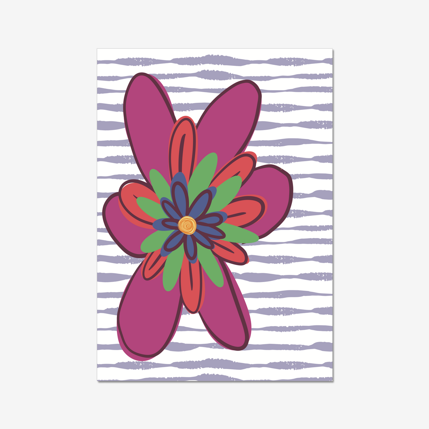 This Colourful Flower Art Print is perfect for anyone who wants to add a touch of personality and quirkiness to their home décor. The bold and brightly coloured flower stands out against the purple stripe background, making it a real eye-catcher.