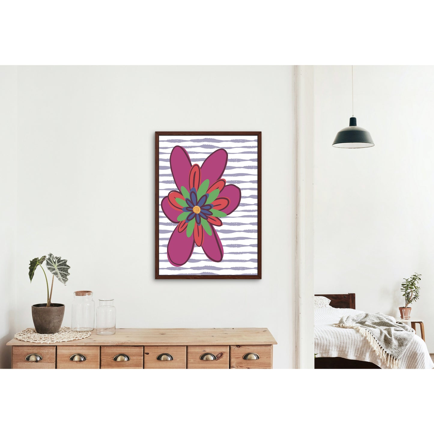 This Colourful Flower Art Print is perfect for anyone who wants to add a touch of personality and quirkiness to their home décor. The bold and brightly coloured flower stands out against the purple stripe background, making it a real eye-catcher.