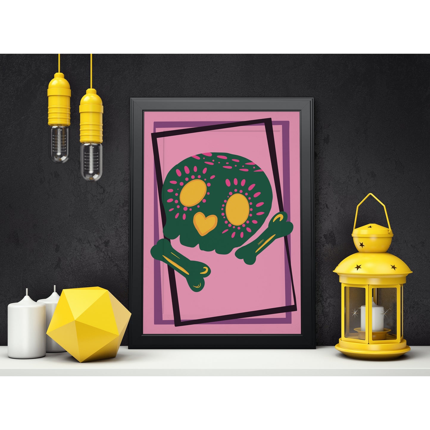 Add some personality to your home this Halloween with the Skull and Bones Art Print. This quirky and colourful print is perfect for anyone who loves skulls or is looking for a fun and funky decoration.