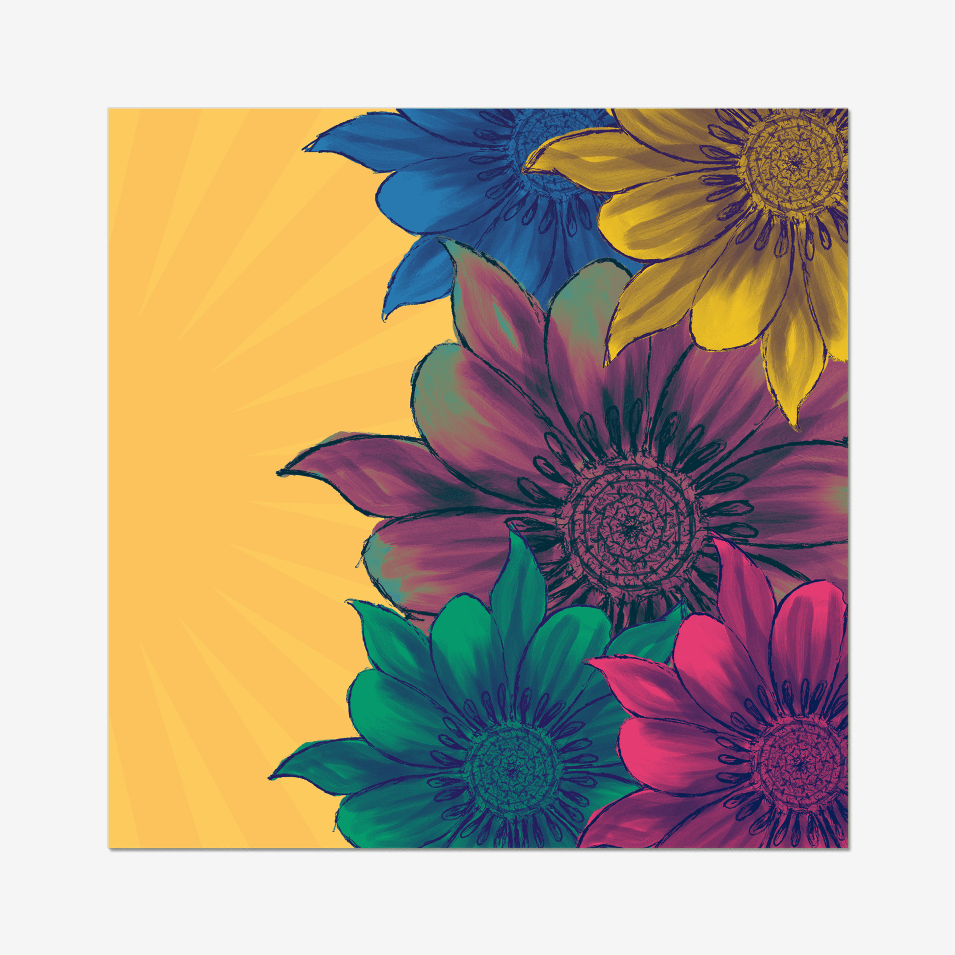 A bright and trippy, sunbeams and flowers print.  This quirky art print is sure to add some eclectic vibes to your walls. The colourful blue, green, yellow and purple flowers in really pop against the sunbeam background. And the paint effect of the flowers is truly stunning. 