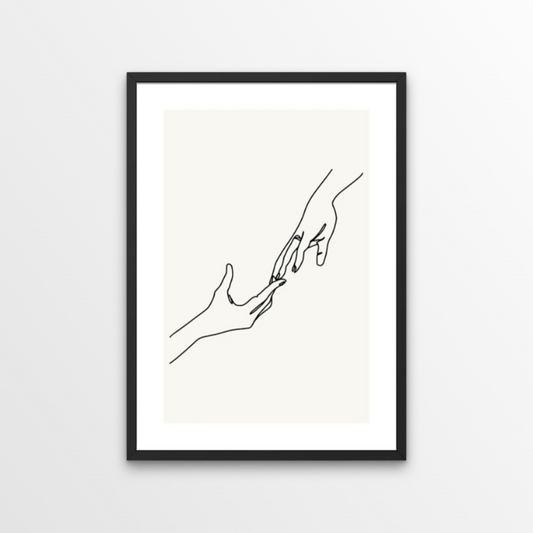 A simple line design, perfect for a minimalist or bohemian home.  We love this print, the hand reaching for each other can be interpreted in so many lovely ways - romance, family, friendship... you choose what it means to you.  A beautiful and calming combination of blacks, whites and creams. 