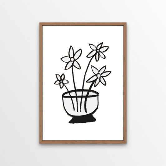 A bold and quirky flowers print.  Striking and simple in black and white monochrome tones.  There's something about this unique and simple sketch that just draws us in. Everythings slightly off.... the bowl with tall flowers that somehow stay stood up. Its weird and wonderful.