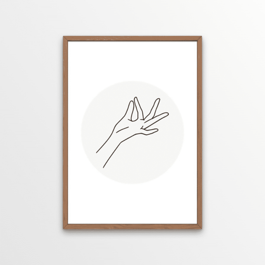 A simple line design, perfect for a minimalist or bohemian home.  GYAN MUDRA: THE GESTURE OF KNOWLEDGE OR WISDOM Gyan mudra helps to increase concentration, memory, reduces sleep disorders, helps to release stress and anger, eases depression and headache.  This mudra has been used extensively for thousands of years by yogis as it brings peace, calm, and spiritual progress.  A beautiful, soulful and calming combination of blacks, whites and creams.