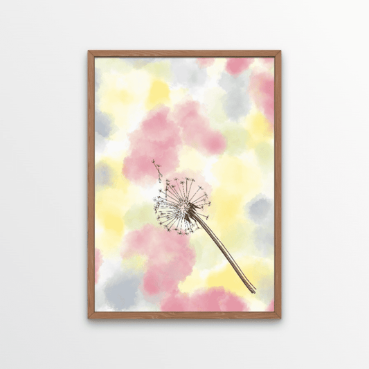 Our beautiful watercolour and sketched white dandelion print.  This design reminds us of our childhoods, playing outside in the wildflowers - blowing dandelions and checking our chins with the silky yellow buttercups.  A calming and pretty print, with a dreamy pink, blue, yellow and green watercolour background, and inky sketched dandelion blowing in the wind.