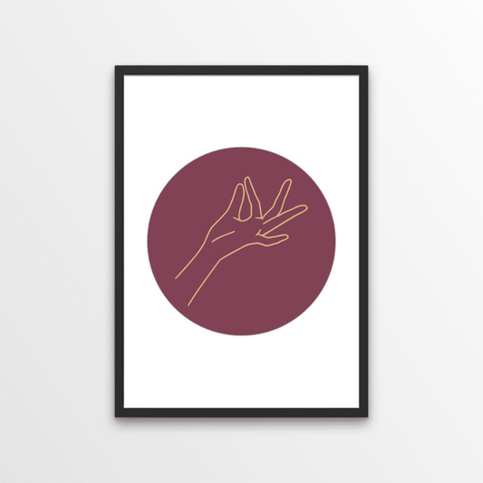 A simple line design, perfect for a minimalist or bohemian home.  GYAN MUDRA: THE GESTURE OF KNOWLEDGE OR WISDOM.   Gyan mudra helps to increase concentration, memory, reduces sleep disorders, helps to release stress and anger, eases depression and headache.  This mudra has been used extensively for thousands of years by yogis as it brings peace, calm, and spiritual progress.  A beautiful, soulful and calming combination of earthy, muted purple, cream and gold tones.