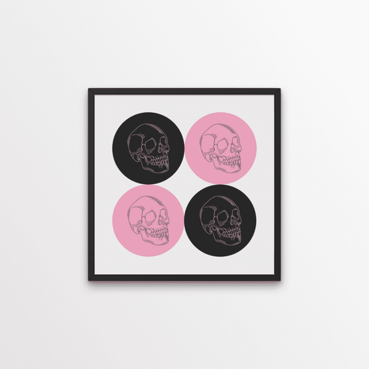 A beautiful print, with rock and roll vibes.  This set of four skulls, on a colour block of muted black and pink tones will add some eclectic vibes to your home.