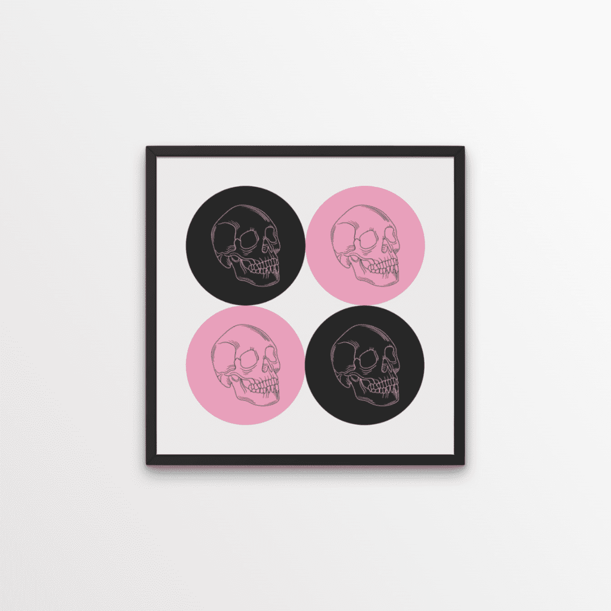 A beautiful print, with rock and roll vibes.  This set of four skulls, on a colour block of muted black and pink tones will add some eclectic vibes to your home.
