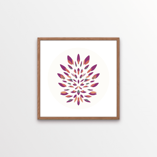 A beautiful boho bloom of petals, in warm autumnal colours, and feathered brush strokes.  Cosy shades of purple, orange and green - set on a creamy circle to bring the image forward.  Simple, minimalistic and beautiful. Perfect for a gallery wall, a statement piece or a special gift.