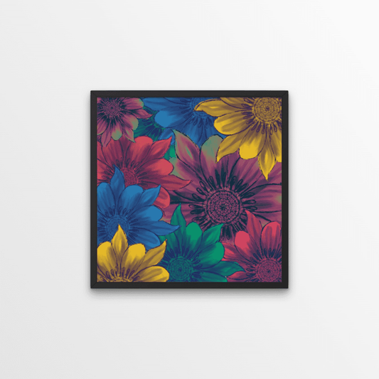 A colourful and trippy collage of flowers print.  This quirky art print is sure to add some eclectic vibes to your walls. The colourful blue, green, yellow and purple flowers really make a statement, and look gorgeous in a colourful boho setting.  A statement for your decor, standalone or as part of you gallery wall.