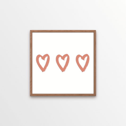 A simple design, but so very beautiful.  Three coral hearts, in an oil paint style on a plain background. This print is perfect in a laid back, boho, californian decor styled home.   A popular choice in nurseries too, we've sent this print to many a first time parent - when two become three