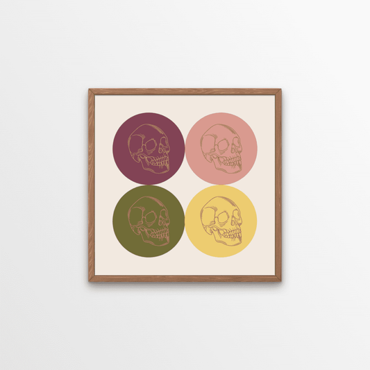 A beautiful print, with rock and roll vibes.  This set of four skulls, on a colour block of muted earthy tones will add some eclectic bohemian vibes to your home.