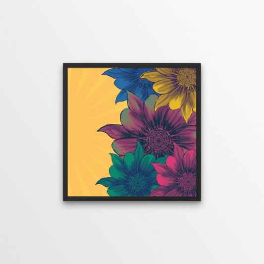 A bright and trippy, sunbeams and flowers print.  This quirky art print is sure to add some eclectic vibes to your walls. The colourful blue, green, yellow and purple flowers in really pop against the sunbeam background. And the paint effect of the flowers is truly stunning. 