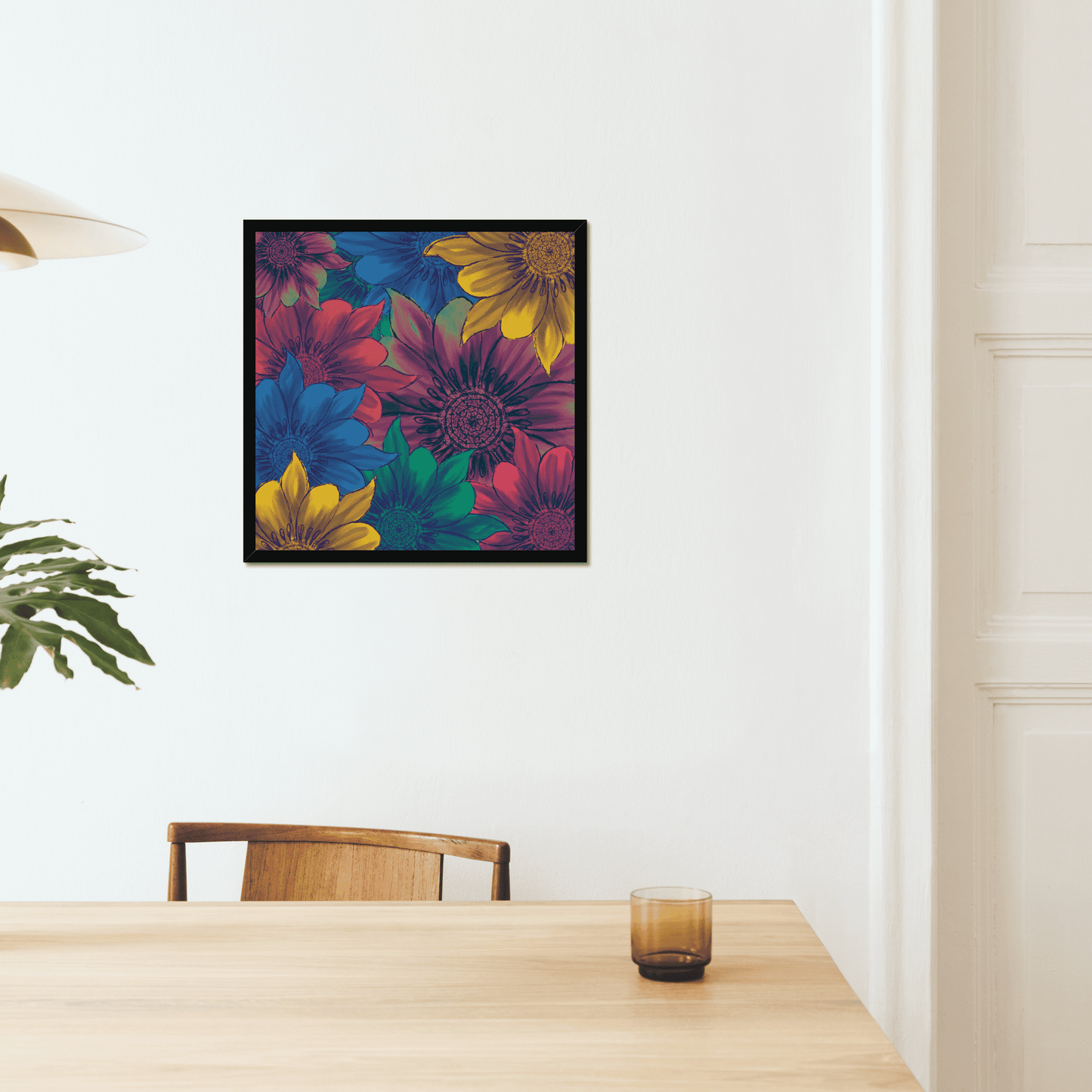 A colourful and trippy collage of flowers print.  This quirky art print is sure to add some eclectic vibes to your walls. The colourful blue, green, yellow and purple flowers really make a statement, and look gorgeous in a colourful boho setting.  A statement for your decor, standalone or as part of you gallery wall.