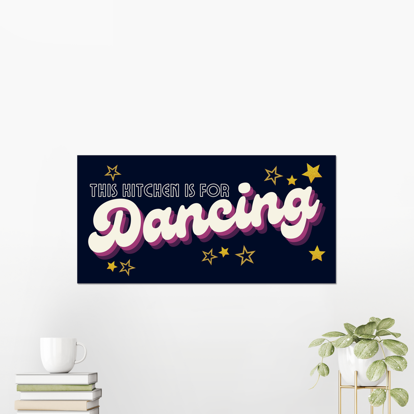 Looking for a unique and stylish kitchen update? Look no further than our 'This Kitchen Is For Dancing' art print! Our prints feature retro vibes with a navy, gold and sparkly style stars. They're perfect as a gift for someone special - or for treating yourself!