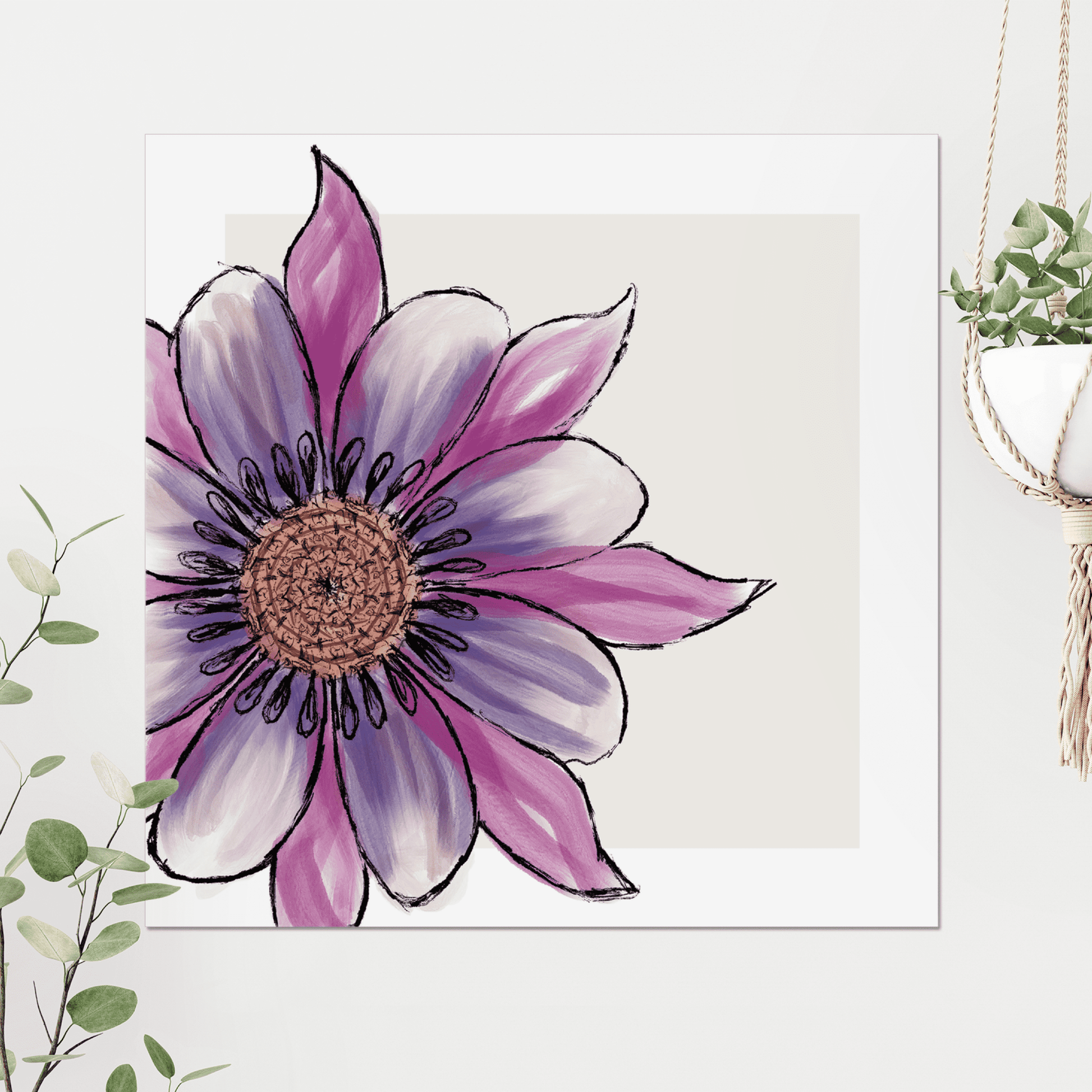 A pretty and colourful watercolour style flower print. The fluid watercolour style of this print is really calming, and would be perfect as the statement wall art in a neutral bedroom setting.  Gentle strokes of purple and pink on a creamy back ground, with a white border, make a beautiful combination. 