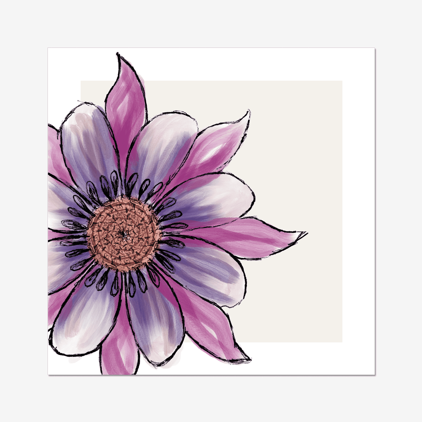 A pretty and colourful watercolour style flower print. The fluid watercolour style of this print is really calming, and would be perfect as the statement wall art in a neutral bedroom setting.  Gentle strokes of purple and pink on a creamy back ground, with a white border, make a beautiful combination. 