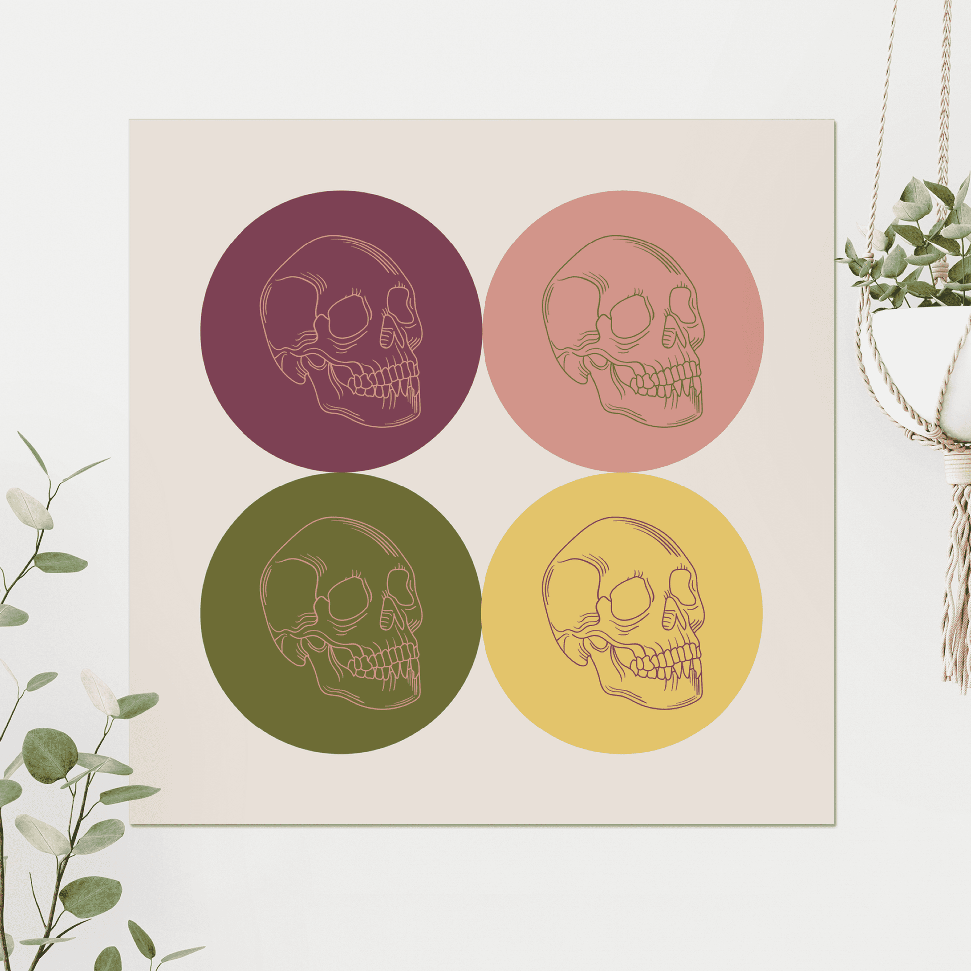 A beautiful print, with rock and roll vibes.  This set of four skulls, on a colour block of muted earthy tones will add some eclectic bohemian vibes to your home.