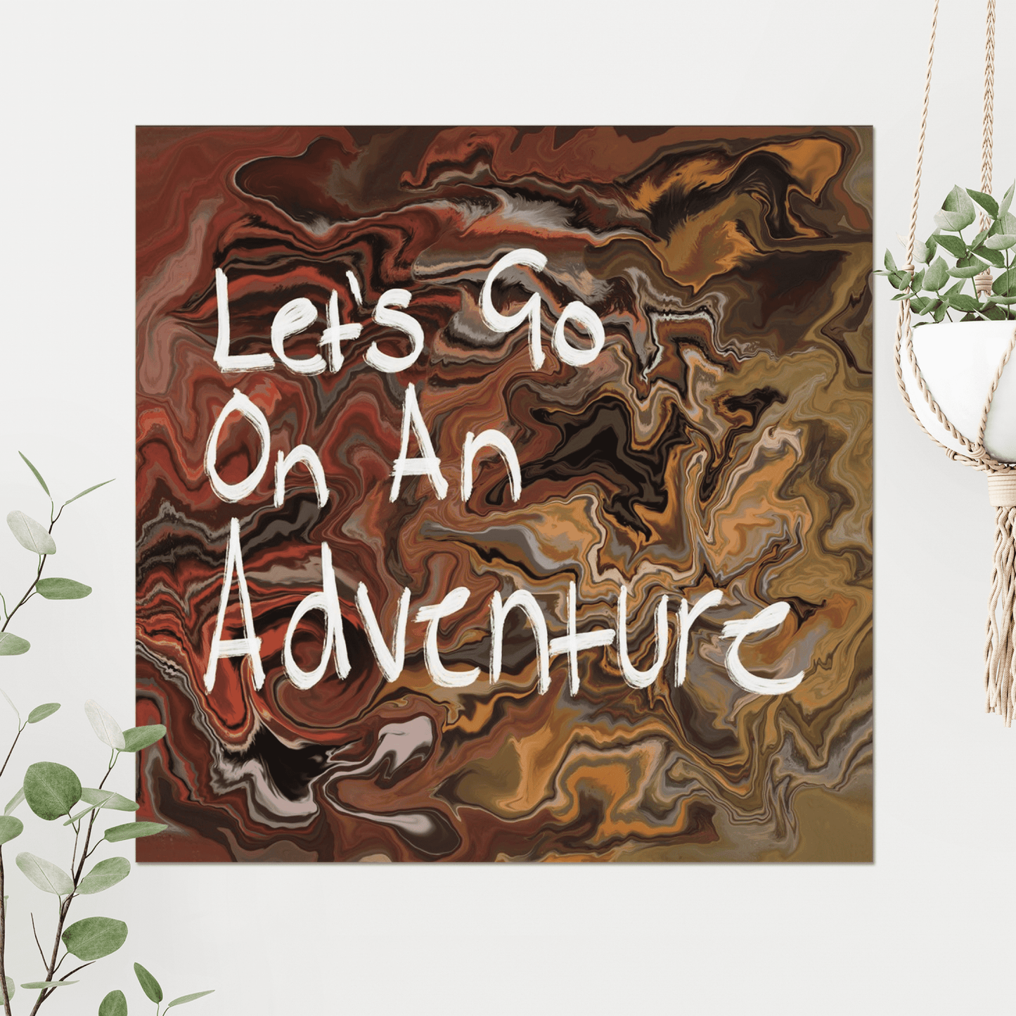 A trippy wanderlust inspired print, featuring a marble paint effect background and oil brush style typography.  With its bold and quirky design, it's perfect for the adventure lover.