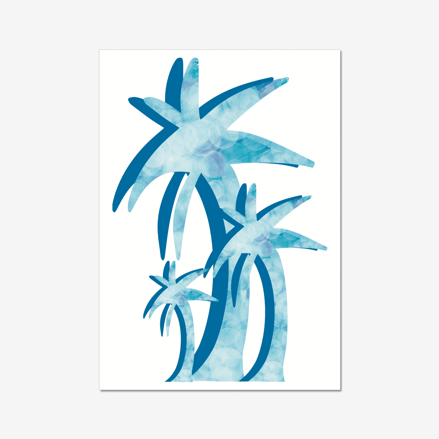A funky and retro palm tree print. Blue palm trees with a quirky pattern. We love this bold design!