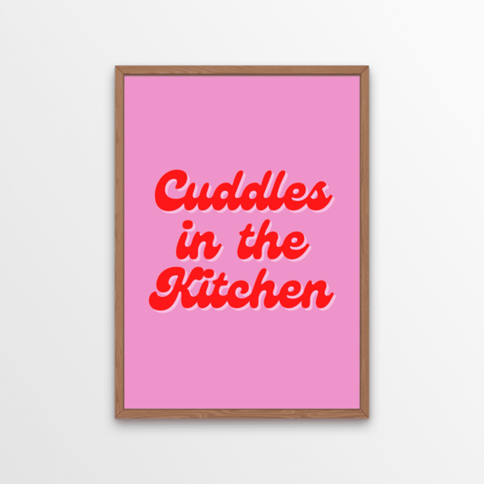 Cuddles In The Kitchen, Pink A4 Art Print
