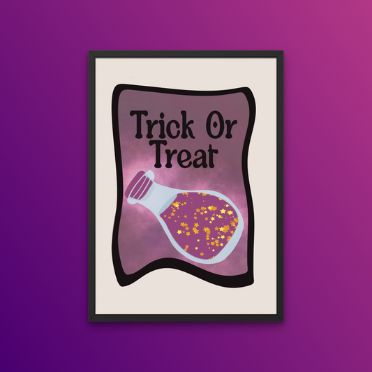 Add some magic to your home this Halloween with our Trick or Treat Art Print. Featuring a colourful potion bottle and mystical magic ingredients, this print is perfect for anyone who loves Halloween. So don't wait, get your hands on our Trick or Treat Art Print today!