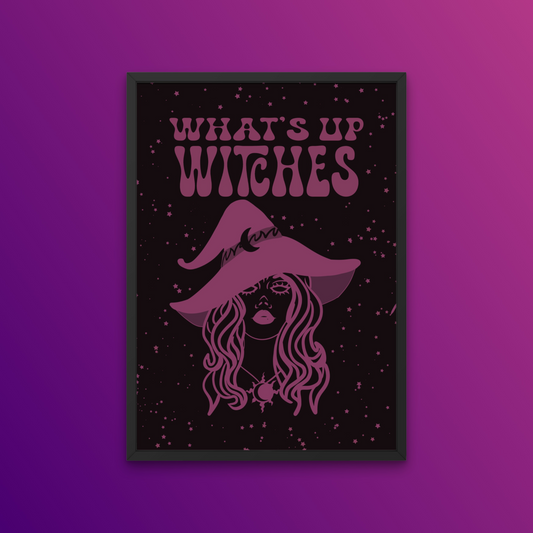 Add some magic to your home this Halloween with this enchanting What's Up Witches art print. This boho-inspired piece has a witchy vibe that's perfect for fall. Hang it in your living room or bedroom for a touch of spookiness and style.