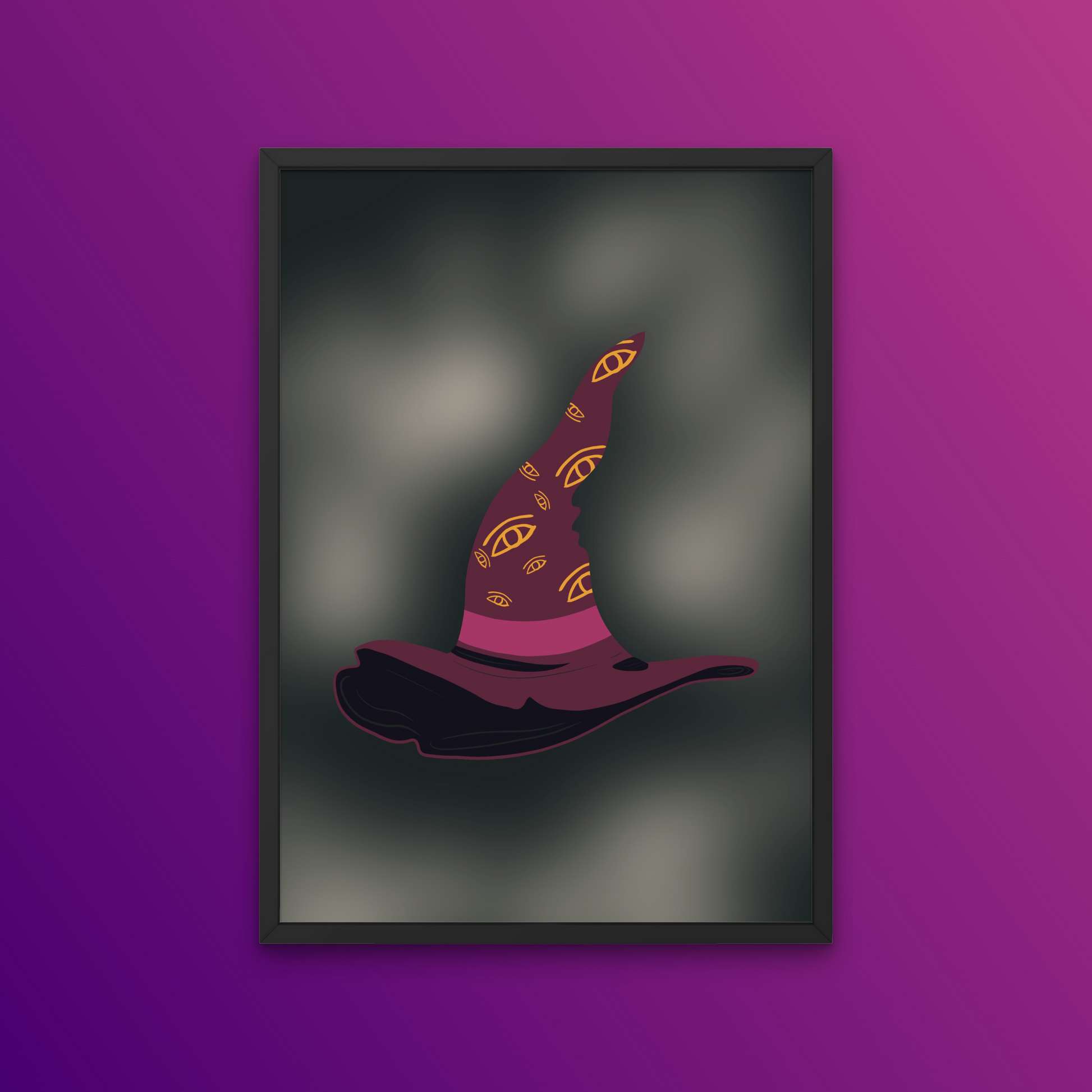 Celebrate the witching hour with this spectacular Witches Watching Hat Art Print. This eerie and eye-catching art print is perfect for setting the scene of your Halloween gathering. The intense purple, maroon, and black tones add a touch of darkness, while the witch hat itself is both spooky and intriguing. 